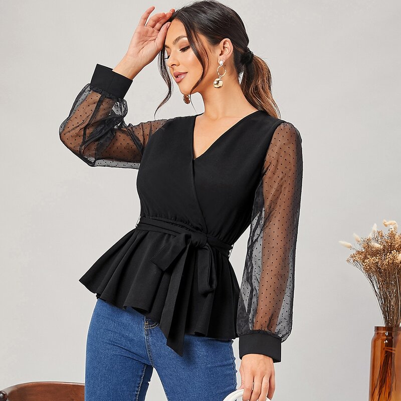 

Sheer Sleeve Ruffle Hem Belted Top, Black