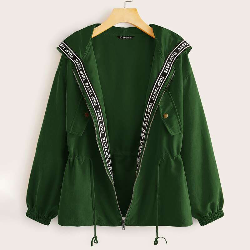 

Letter Tape Detail Drawstring Waist Coat, Dark green