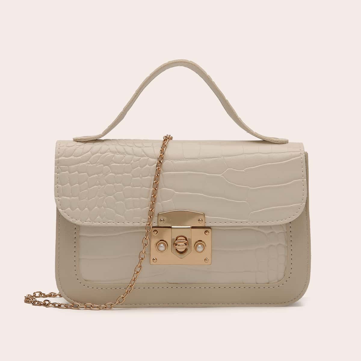 

Croc Embossed Flap Chain Satchel Bag, Beige