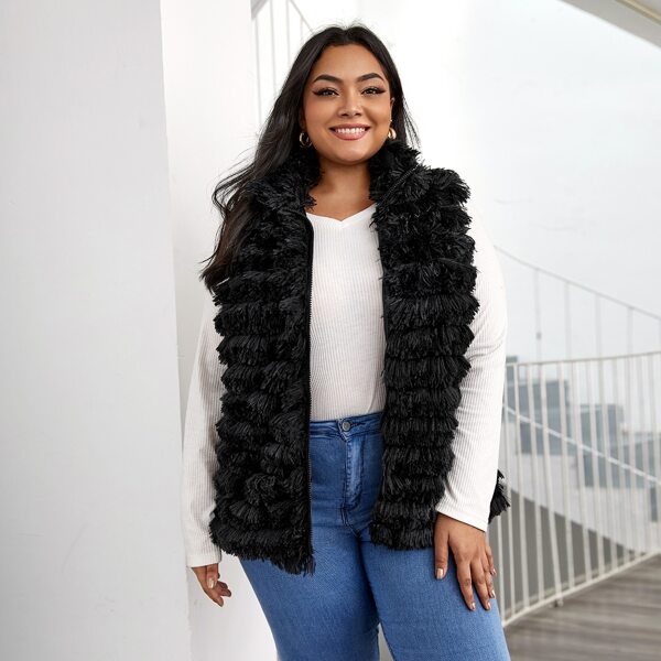 

Plus Zipper Up Front Vest Jacket, Black