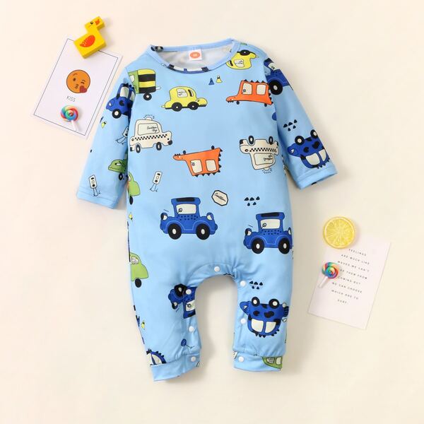 

Baby Boy Cartoon Car Print Popper Jumpsuit, Blue