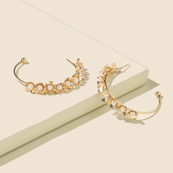 

Faux Pearl Cuff Hoop Earrings, Gold