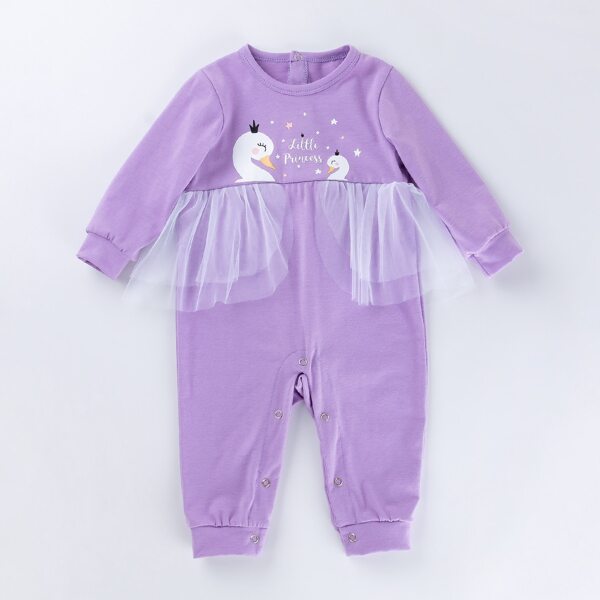

Baby Girl Swan Print Layered Mesh Panel Jumpsuit, Lilac purple