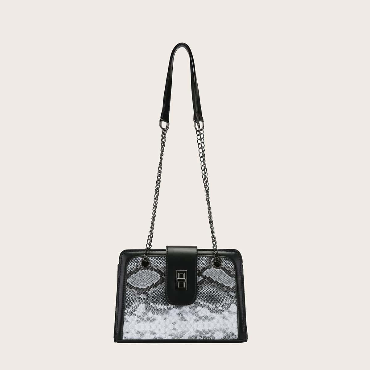 

Snakeskin Print Twist Lock Shoulder Bag, Grey
