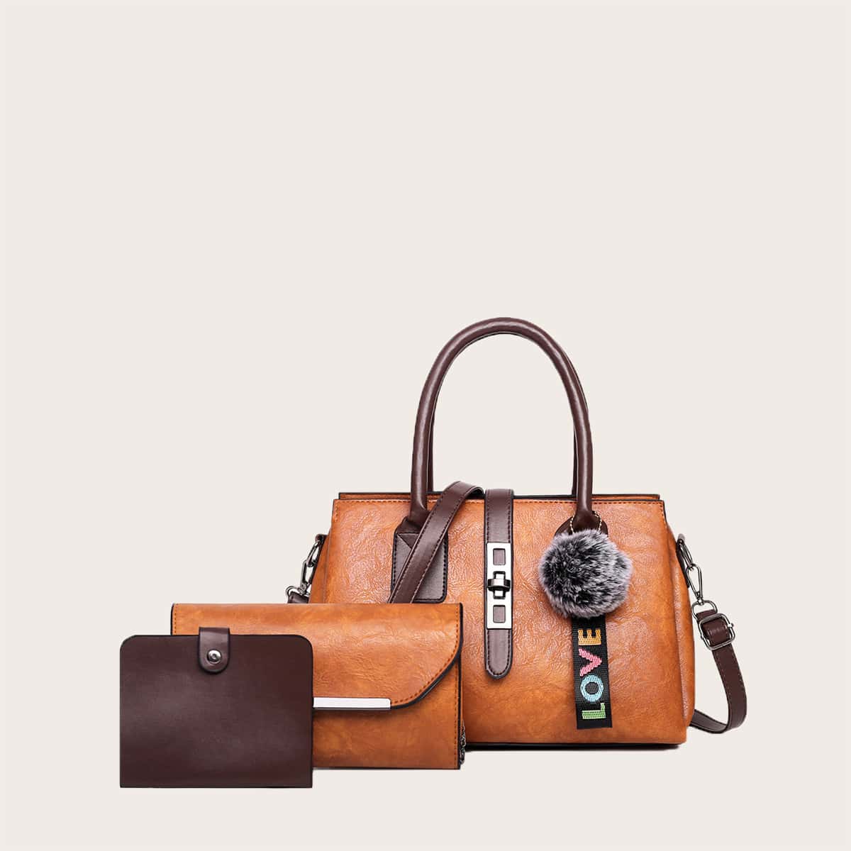 

3pcs Pom Pom Decor Satchel Bag Set, Brown