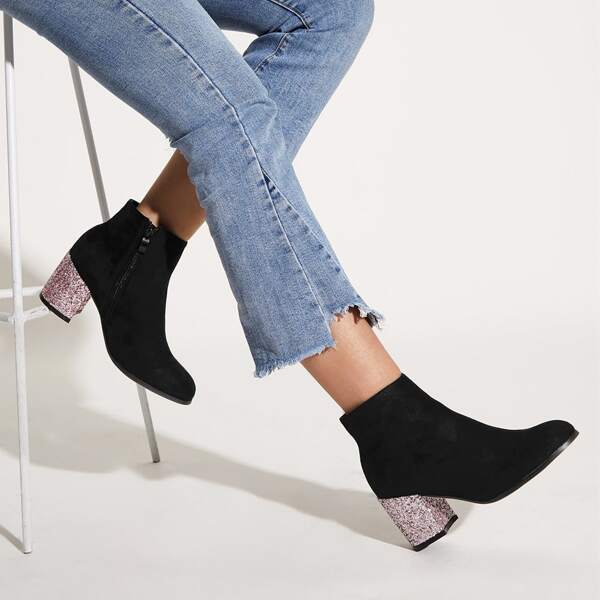 

Glitter Decor Chunky Heeled Ankle Boots, Black