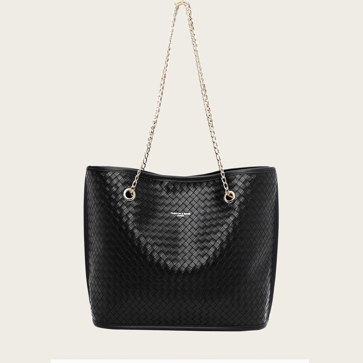 

Large Capacity Woven Chain Tote Bag, Black