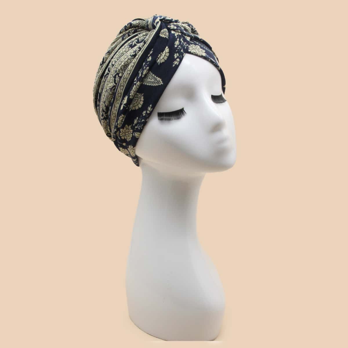 

Flower Pattern Turban Hat, Navy blue