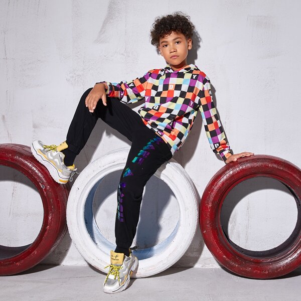

Boys Letter Graphic Checked Hoodie, Multicolor