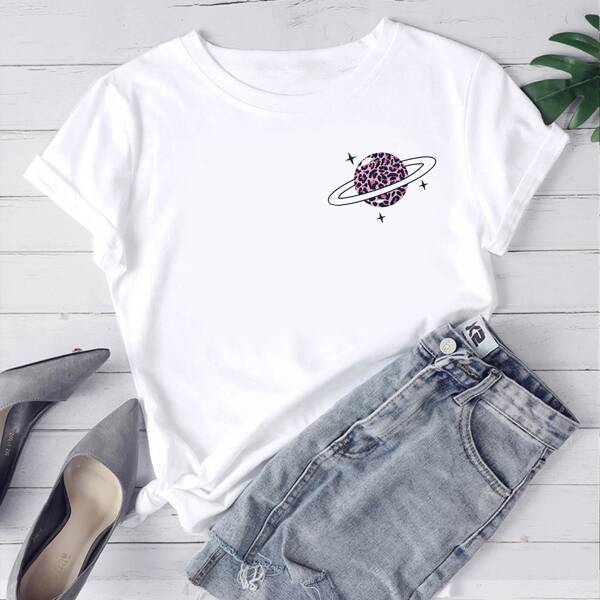 

Planet Print Round Neck Tee, White