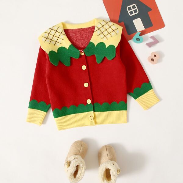 

Toddler Girls Color-block Peter Pan Collar Cardigan, Red