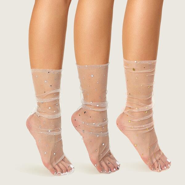

3pairs Star Decor Mesh Socks, Clear