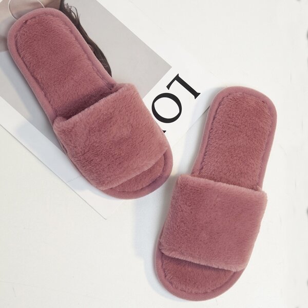 

Open Toe Fluffy Slippers, Pink