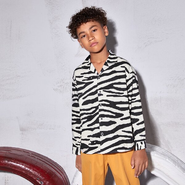 

Boys Revere Collar Zebra Striped Shirt, Black and white