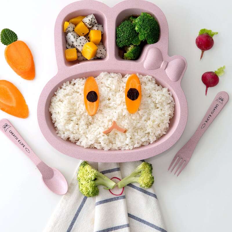 

1pc Kids Rabbit Plate & 1pc Spoon & 1pc Fork, Pink