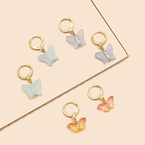 

3pairs Butterfly Drop Earrings, Multicolor