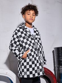 SHEIN Abrigo de niños Bolsillo A cuadros Casual - Blanco y Negro - Ver 1