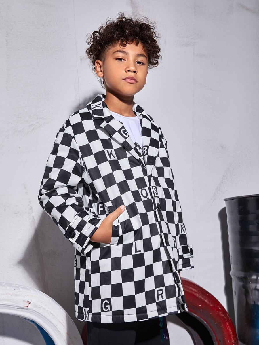 SHEIN Abrigo de niños Bolsillo A cuadros Casual - Blanco y Negro - Ver 1