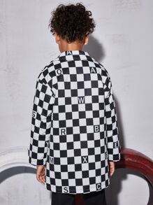 SHEIN Abrigo de niños Bolsillo A cuadros Casual - Blanco y Negro - Ver 2