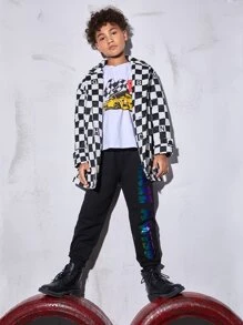 SHEIN Abrigo de niños Bolsillo A cuadros Casual - Blanco y Negro - Ver 3