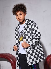 SHEIN Abrigo de niños Bolsillo A cuadros Casual - Blanco y Negro - Ver 5