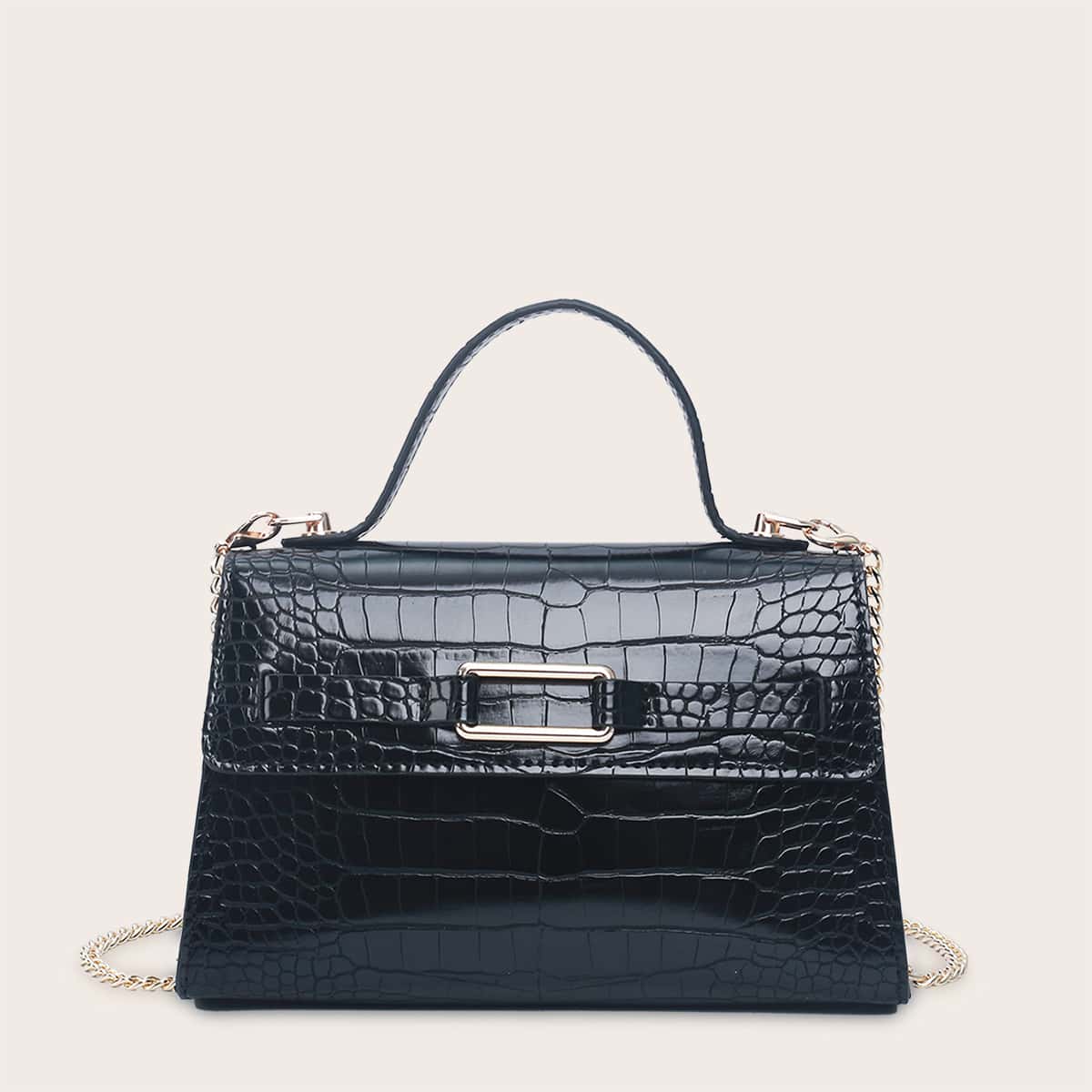

Croc Embossed Satchel Bag, Black