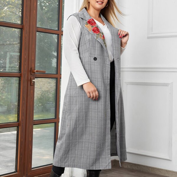 

Plus Floral Embroidered Glen Plaid Double Button Vest, Grey