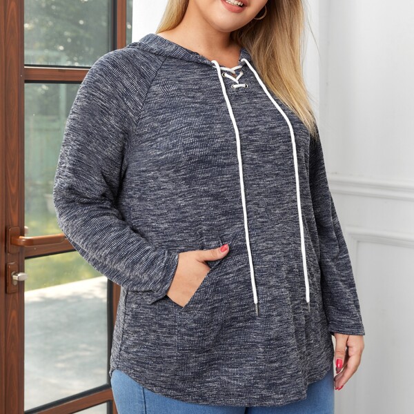 

Plus Grommet Lace-up Neck Raglan Sleeve Hoodie, Navy blue