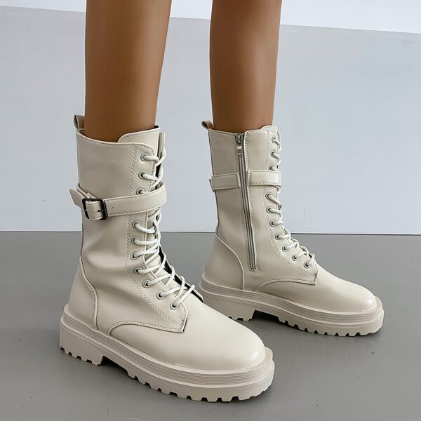 

Buckle Decor Lace-up Front Combat Boots, Beige