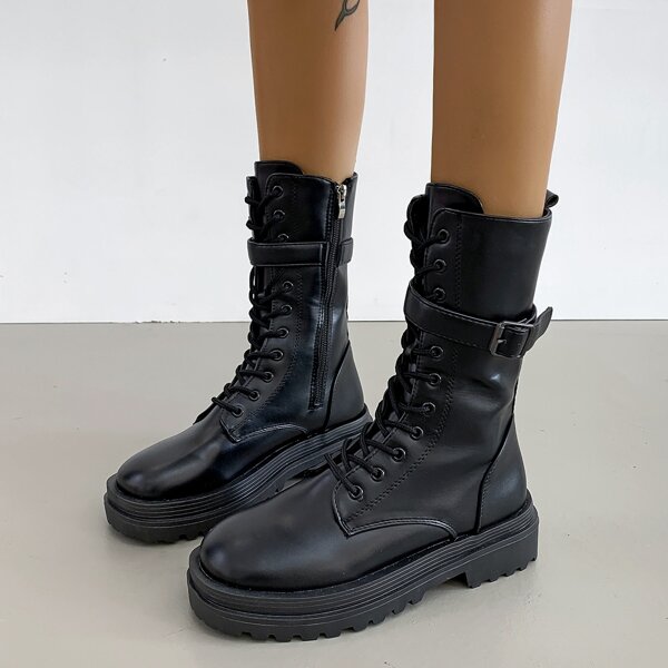 

Buckle Decor Lace-up Front Combat Boots, Black