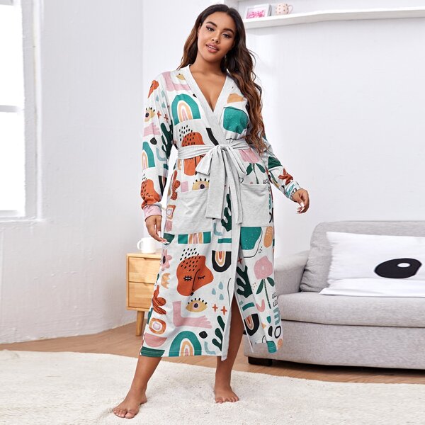 

Plus Graphic Print Belted Longline Robe, Multicolor
