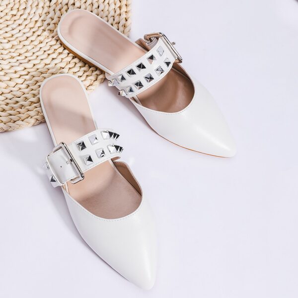 

Point Toe Spiked Decor Flat Mules, White