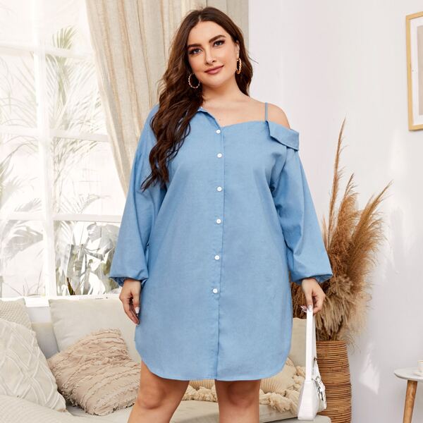 

Plus Asymmetrical Neck Button Front Denim Dress, Medium wash