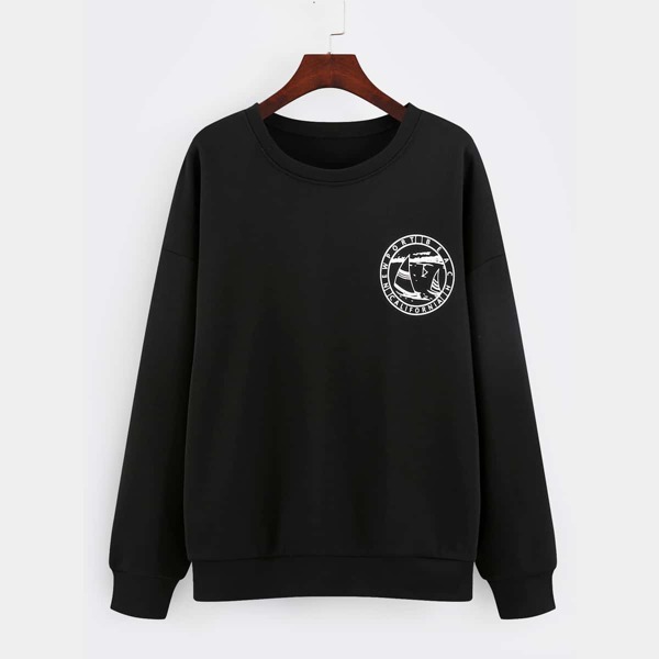 

Letter & Sailboat Print Drop Shoulder Sweatshirt, Black