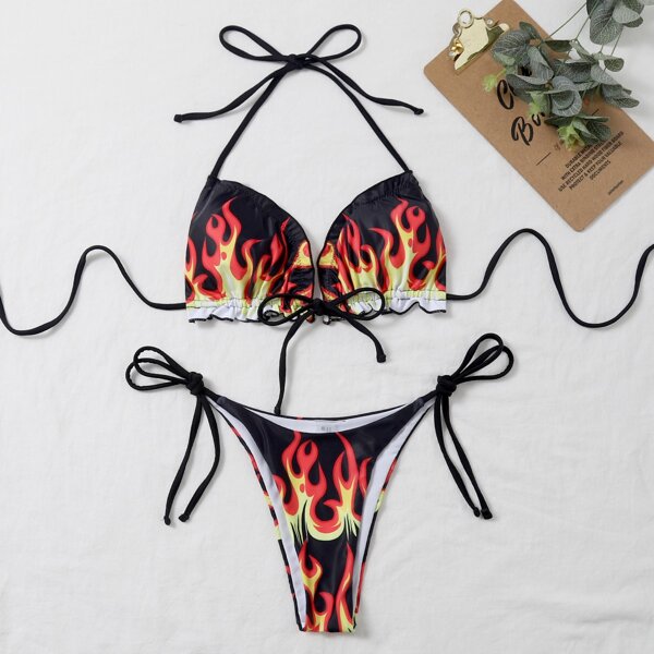 

Fire Print Halter Tie Side Bikini Swimsuit, Multicolor