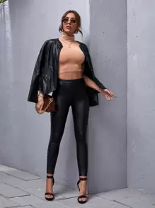 Allurite Pantalones ajustados PU de cintura alta - Negro - Ver 5