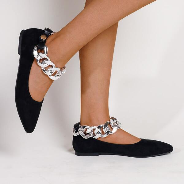 

Chain Decor Suede Flats, Black