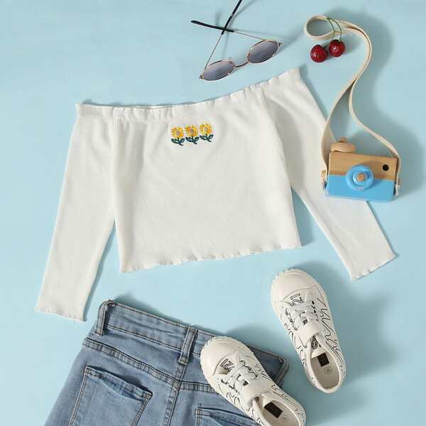 

Toddler Girls Floral Embroidery Off The Shoulder Tee, White