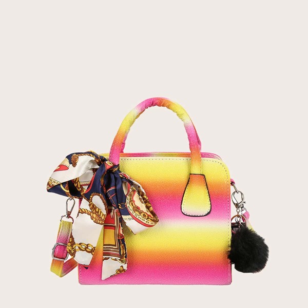 

Twilly Scarf Decor Colorblock Satchel Bag, Multicolor
