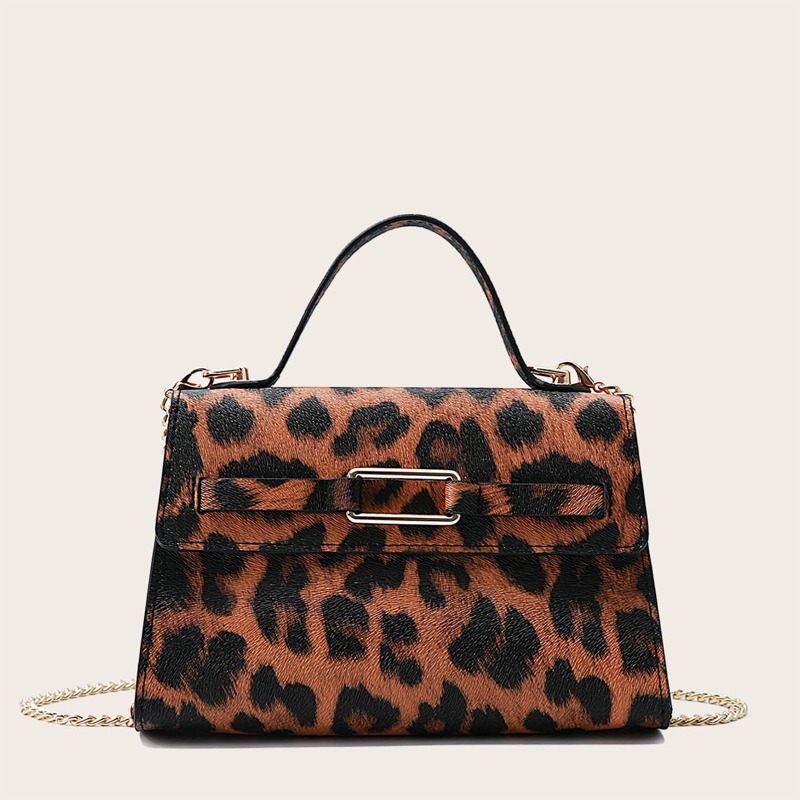 

Leopard Flap Chain Satchel Bag, Brown