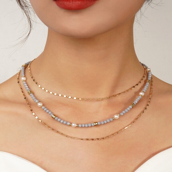 

1pc Bead Decor Multilayer Necklace, Gold