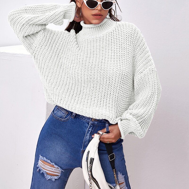 

High Neck Drop Shoulder Sweater, White