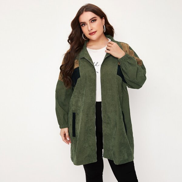 

Plus Zip Up Color Block Corduroy Coat, Army green