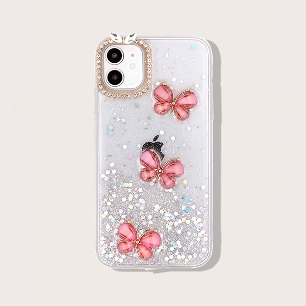 

Rhinestone & Butterfly Decor Glitter iPhone Case, Hot pink clear