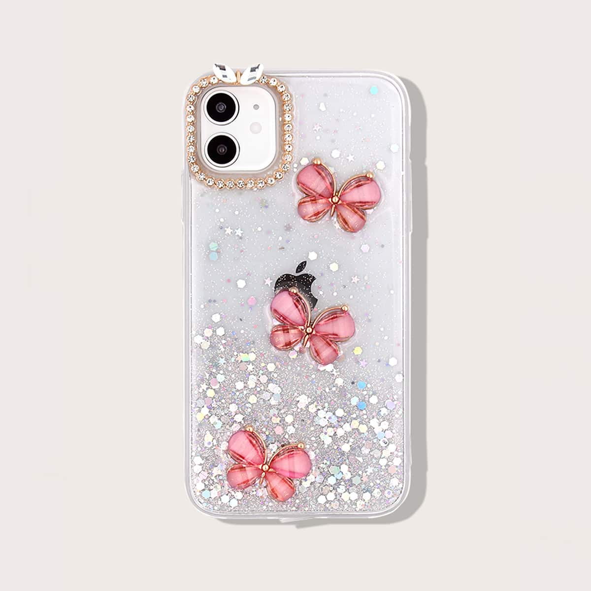 

Rhinestone & Butterfly Decor Glitter iPhone Case, Hot pink clear