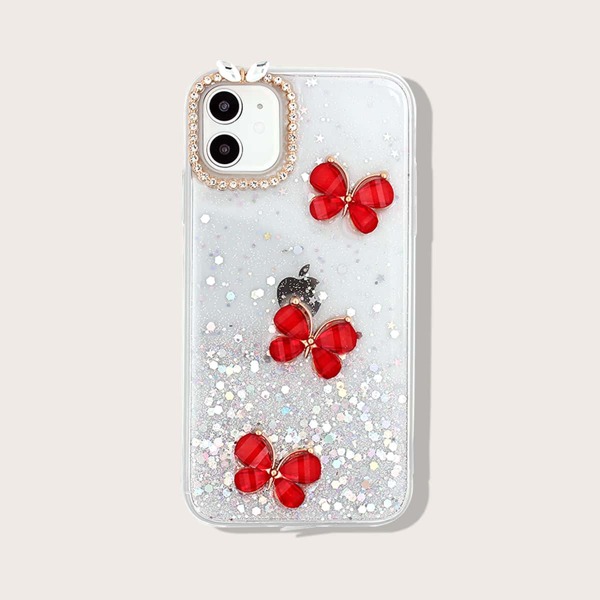 

Блестящий чехол для iPhone со стразами и бабочками, Красный прозрачный