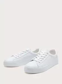 Women's Pu Round Toe Lace-up Casual Fashion Sneakers For Spring/autumn - White - View 2