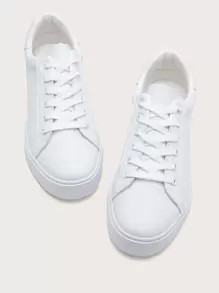 Women's Pu Round Toe Lace-up Casual Fashion Sneakers For Spring/autumn - White - View 4