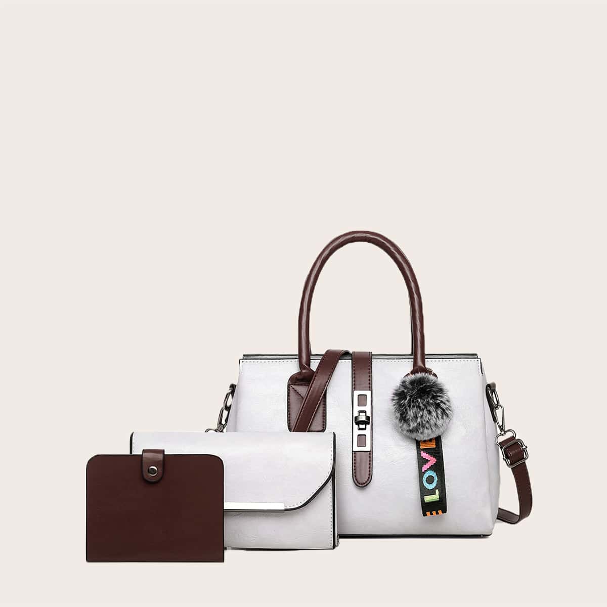 

3pcs Twist Lock Satchel Bag With Pom Pom Set, White