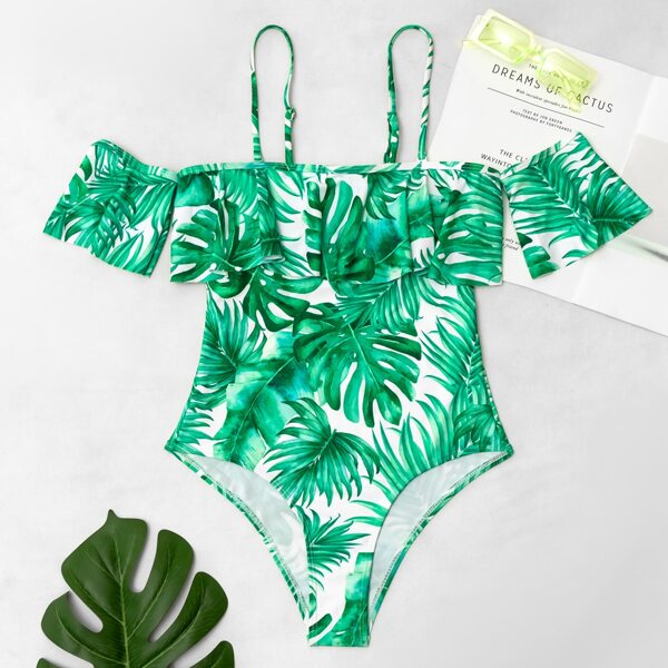 

Tropical Flounce One Piece Swimsuit, Green